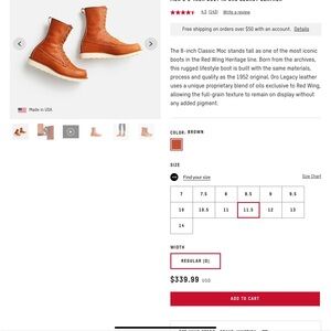 Red Wing 8” 877 Oro Moc Toe 11.5